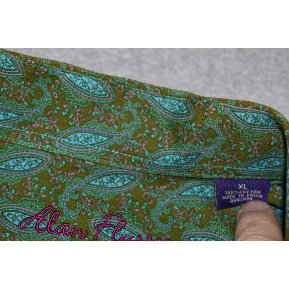 Alan Flusser Dress Shirt Mens Size XL Green Blue Paisley Design Short Sleeve - Picture 4 of 6